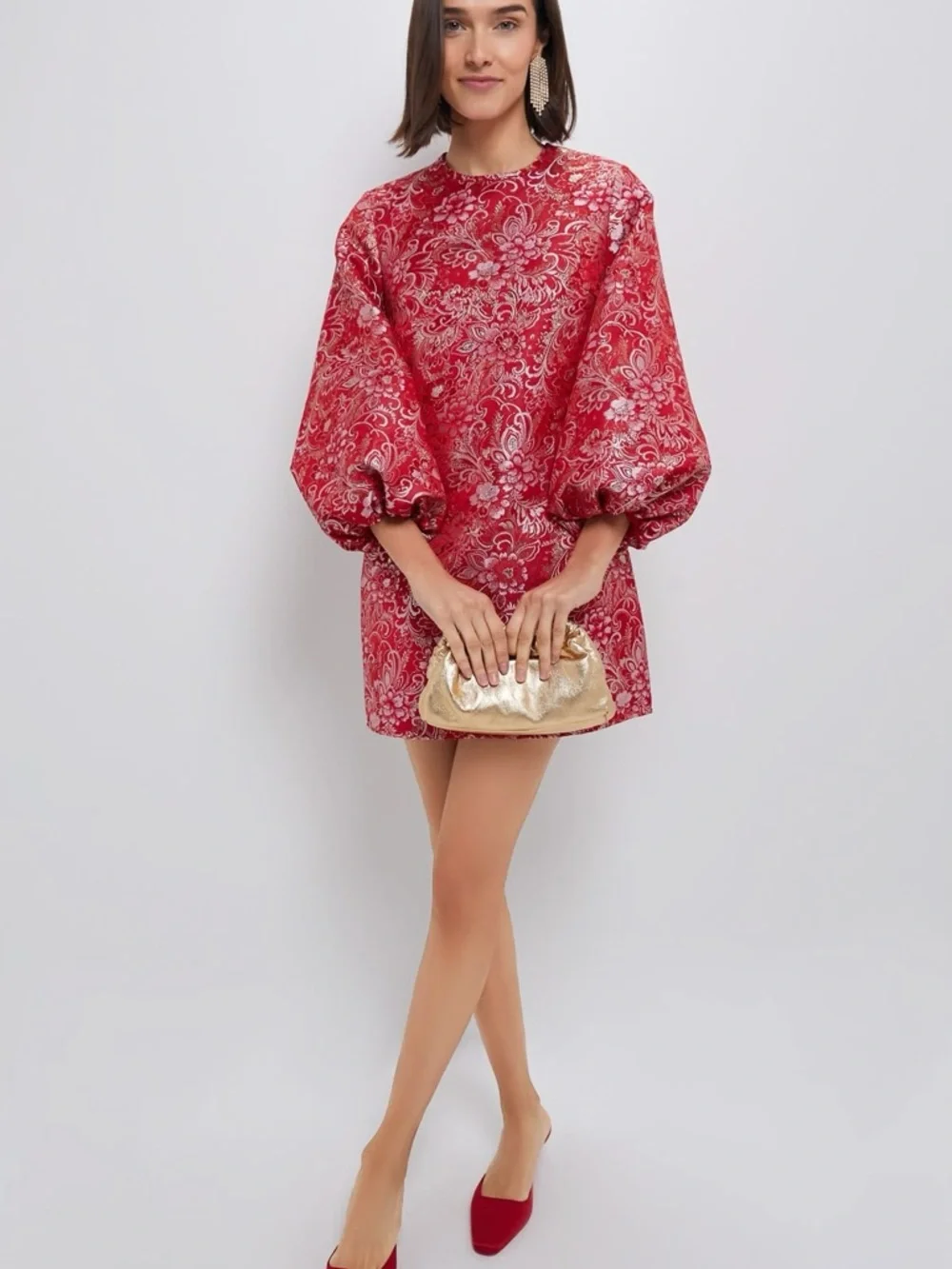 Tuckernuck Hyacinth House Red Brocade Puff Sleeve Mini Dress Size S NWOT - Picture 3 of 3